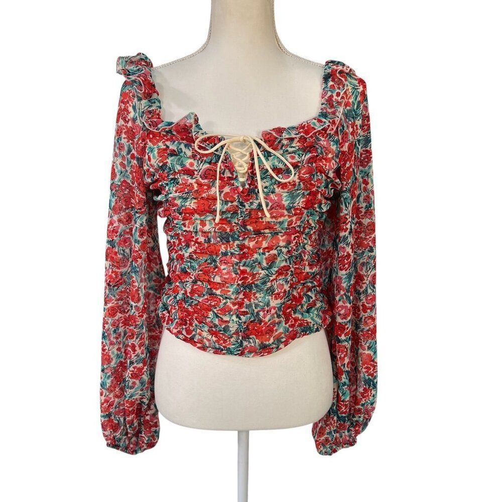 Free People Mabel Printed Floral Smocked Balloon Sleeve Blouse Red Size Medium
